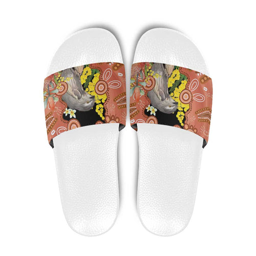 Australia Tawny Frogmouth Slide Sandals Golden Wattle Banksia Aboriginal Art - Aussie Hoodie