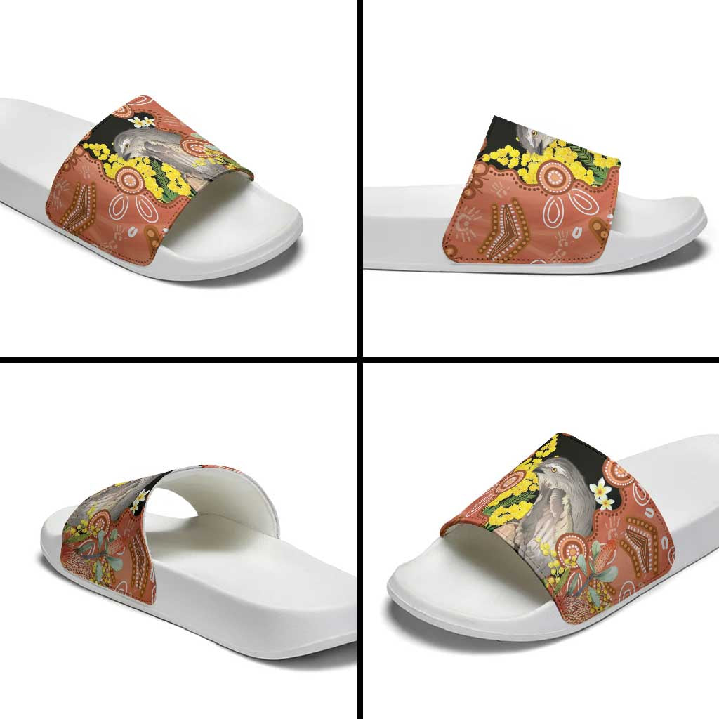 Australia Tawny Frogmouth Slide Sandals Golden Wattle Banksia Aboriginal Art - Aussie Hoodie