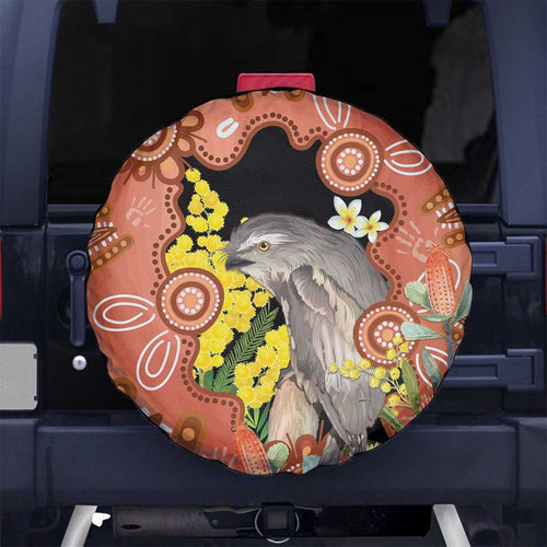 Australia Tawny Frogmouth Spare Tire Cover Golden Wattle Banksia Aboriginal Art - Aussie Hoodie