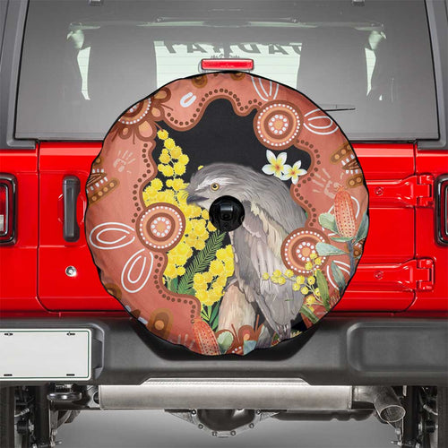 Australia Tawny Frogmouth Spare Tire Cover Golden Wattle Banksia Aboriginal Art - Aussie Hoodie