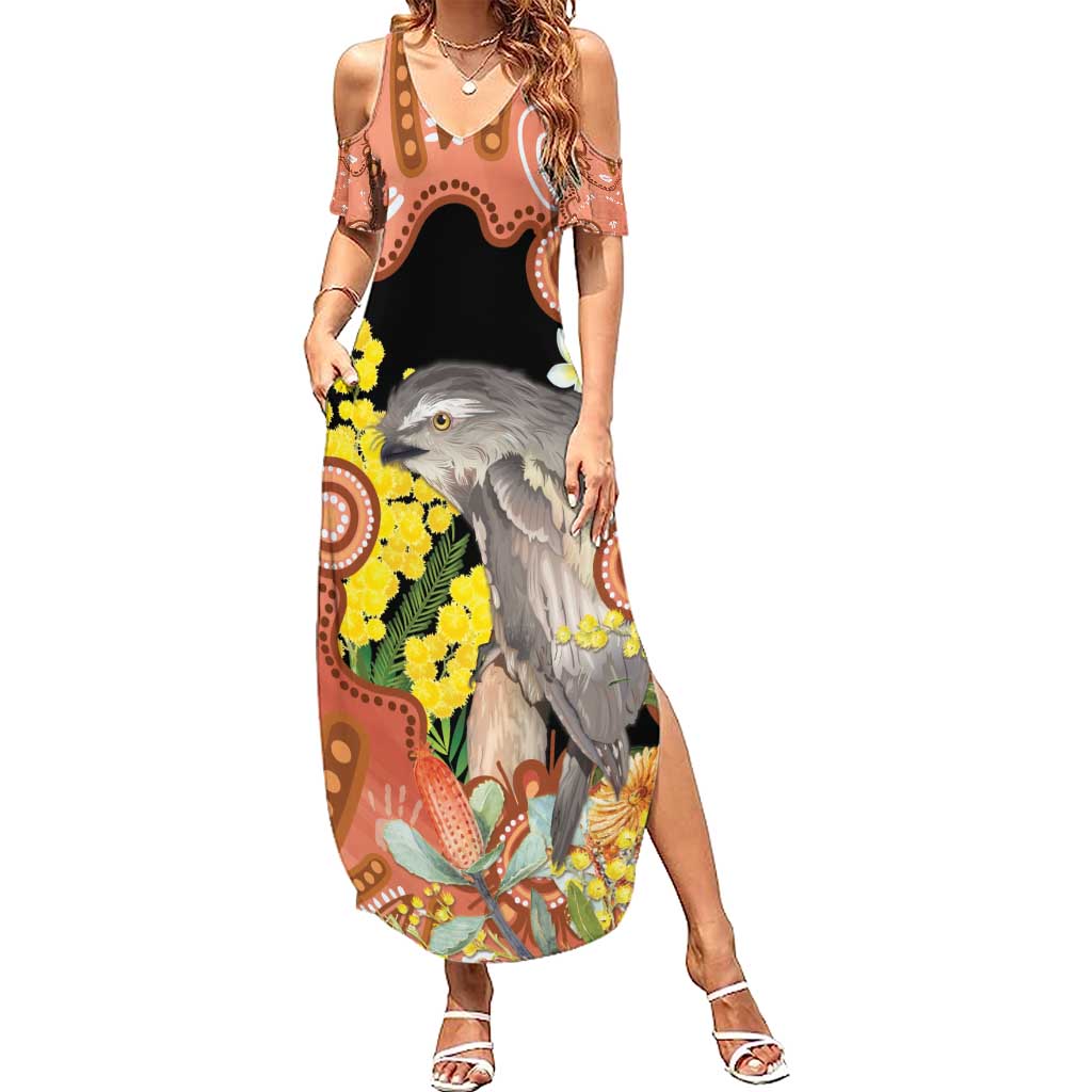 Australia Tawny Frogmouth Summer Maxi Dress Golden Wattle Banksia Aboriginal Art - Aussie Hoodie