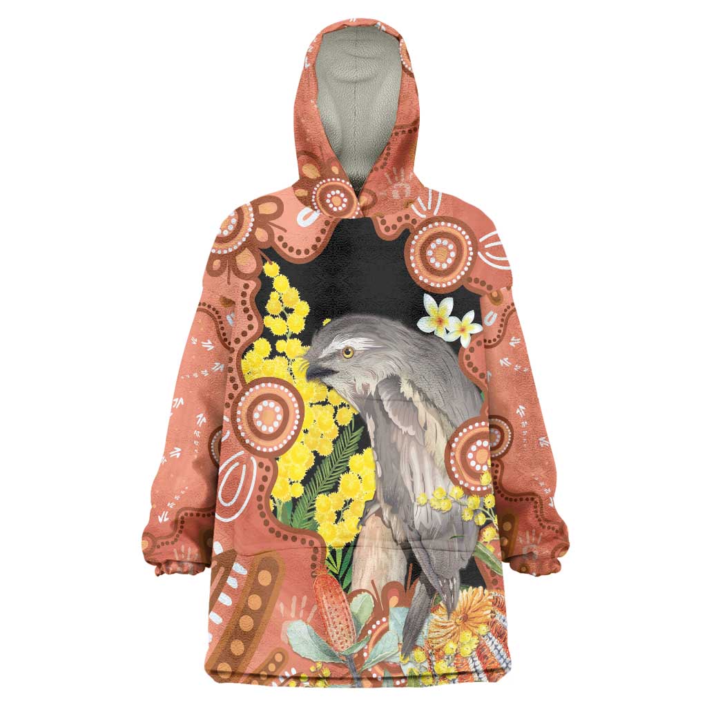 Australia Tawny Frogmouth Wearable Blanket Hoodie Golden Wattle Banksia Aboriginal Art - Aussie Hoodie
