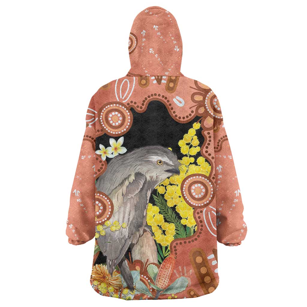 Australia Tawny Frogmouth Wearable Blanket Hoodie Golden Wattle Banksia Aboriginal Art - Aussie Hoodie