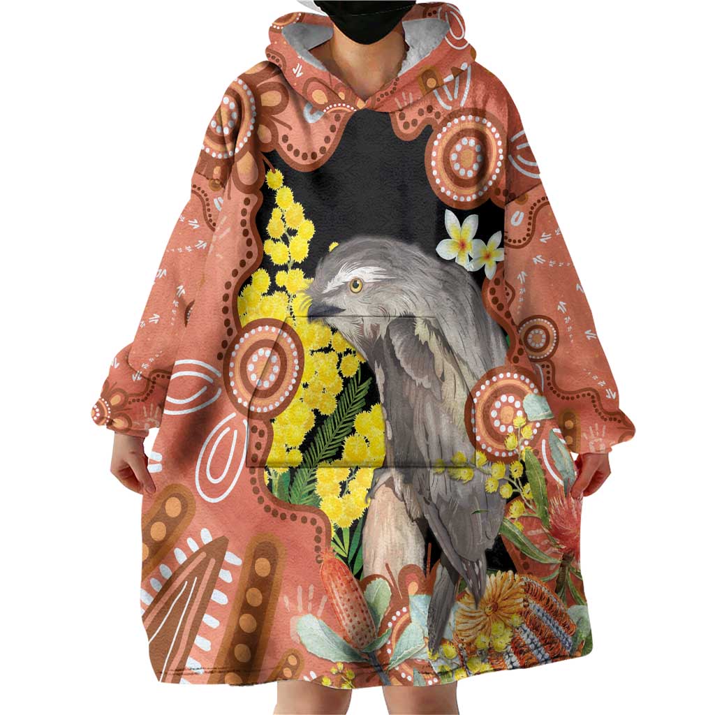 Australia Tawny Frogmouth Wearable Blanket Hoodie Golden Wattle Banksia Aboriginal Art - Aussie Hoodie
