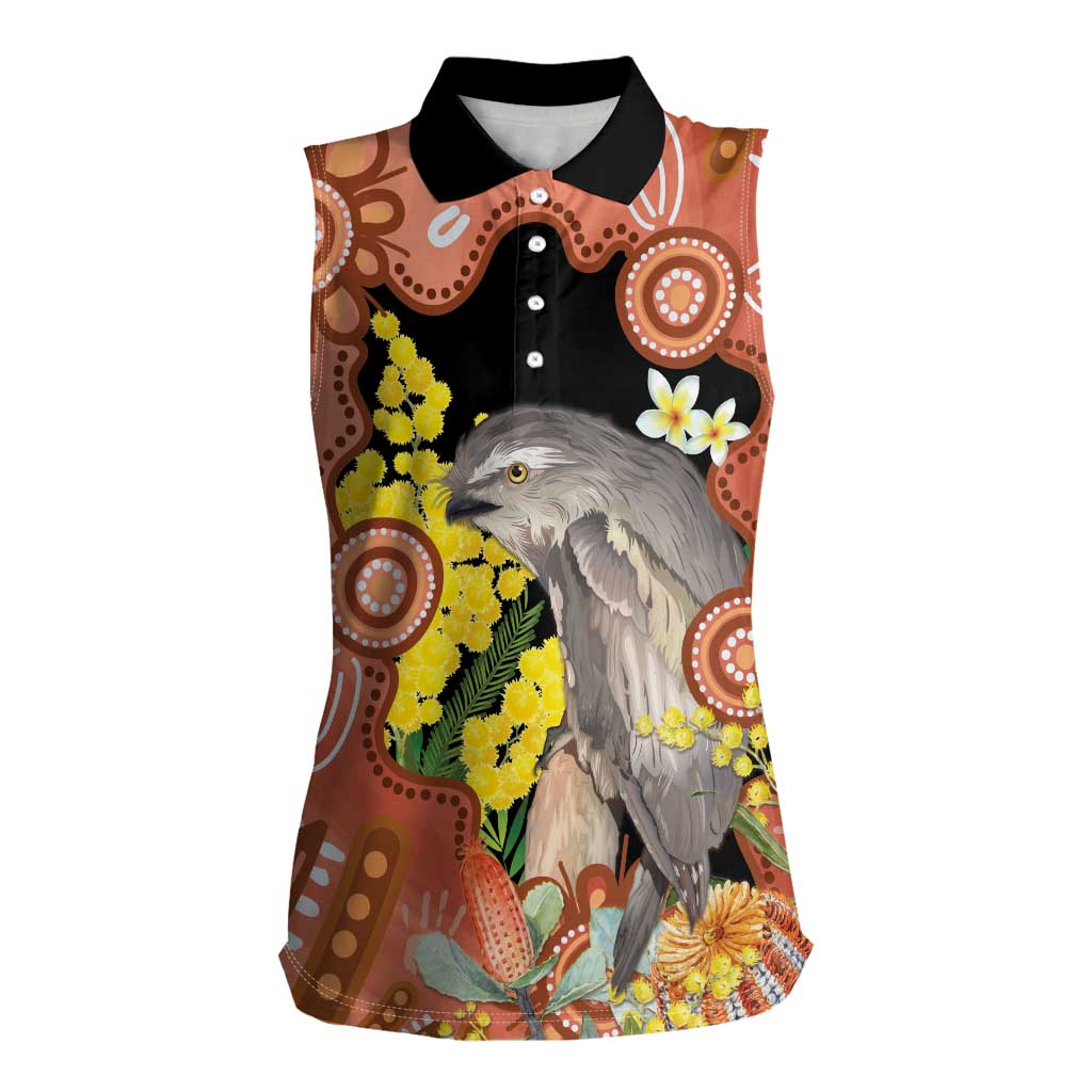 Australia Tawny Frogmouth Women Sleeveless Polo Shirt Golden Wattle Banksia Aboriginal Art - Aussie Hoodie