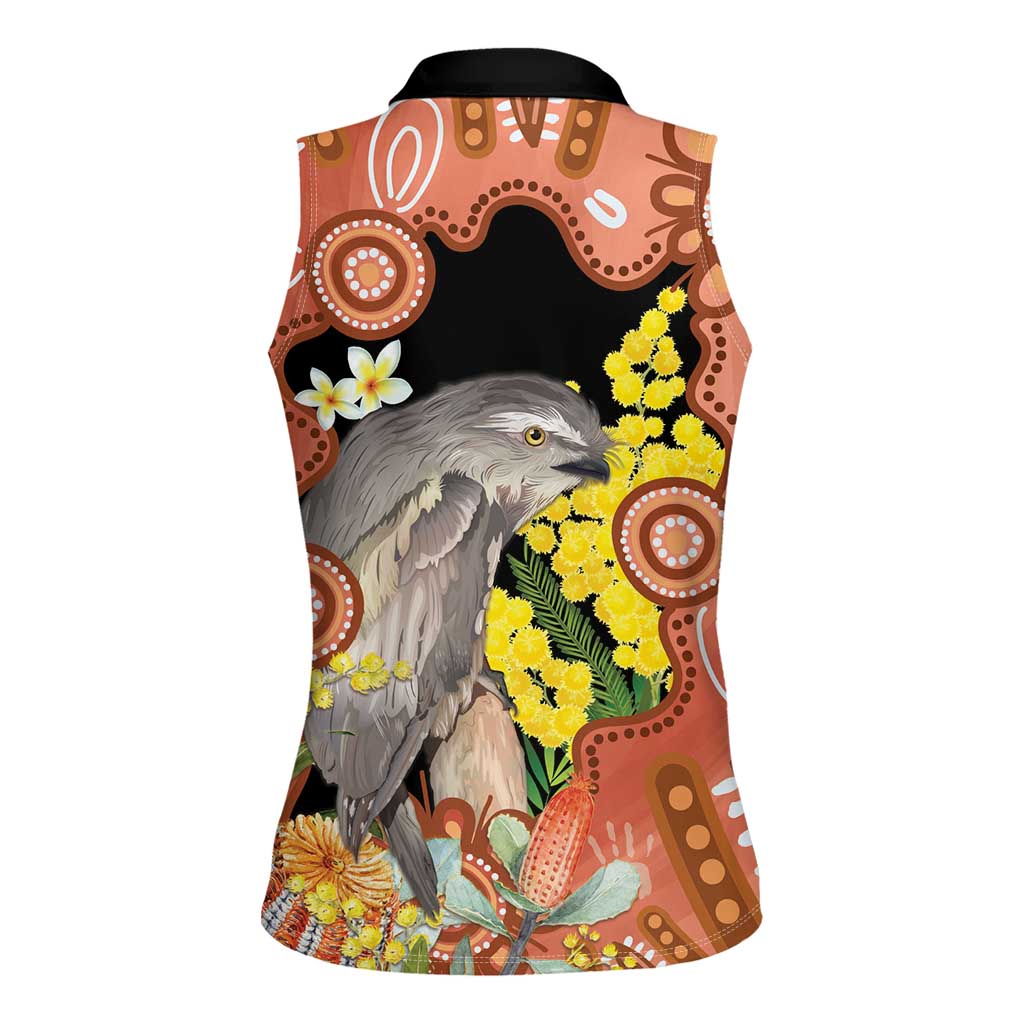 Australia Tawny Frogmouth Women Sleeveless Polo Shirt Golden Wattle Banksia Aboriginal Art - Aussie Hoodie