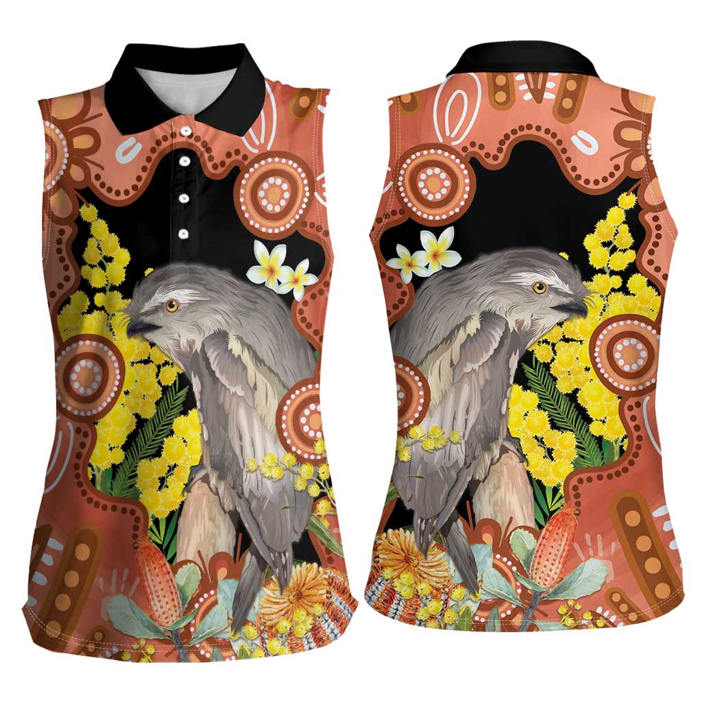 Australia Tawny Frogmouth Women Sleeveless Polo Shirt Golden Wattle Banksia Aboriginal Art - Aussie Hoodie