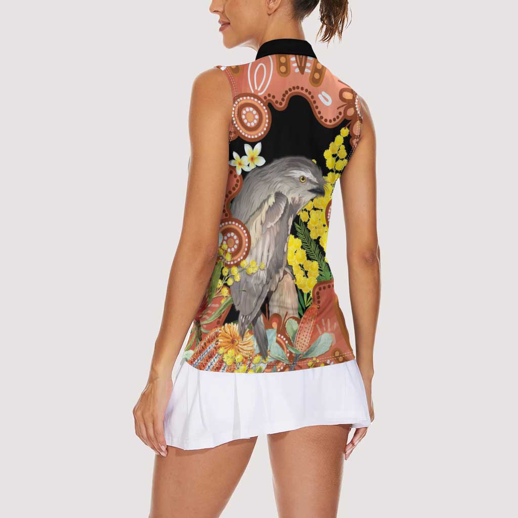 Australia Tawny Frogmouth Women Sleeveless Polo Shirt Golden Wattle Banksia Aboriginal Art - Aussie Hoodie