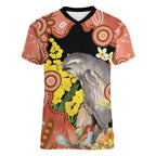 Australia Tawny Frogmouth Women V-Neck T-Shirt Golden Wattle Banksia Aboriginal Art - Aussie Hoodie