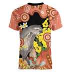 Australia Tawny Frogmouth Women V-Neck T-Shirt Golden Wattle Banksia Aboriginal Art - Aussie Hoodie