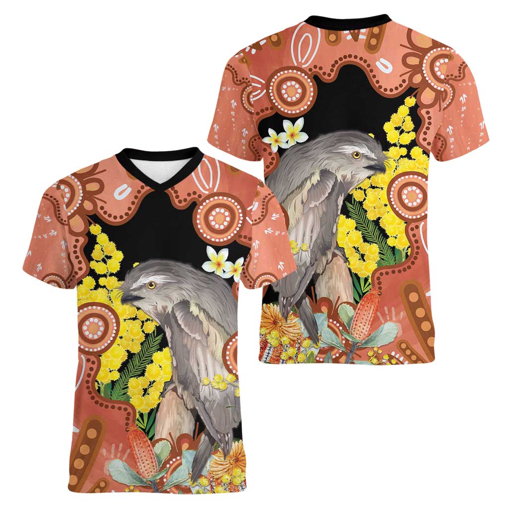 Australia Tawny Frogmouth Women V-Neck T-Shirt Golden Wattle Banksia Aboriginal Art - Aussie Hoodie