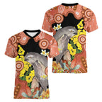Australia Tawny Frogmouth Women V-Neck T-Shirt Golden Wattle Banksia Aboriginal Art - Aussie Hoodie