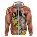 Australia Tawny Frogmouth Zip Hoodie Golden Wattle Banksia Aboriginal Art - Aussie Hoodie