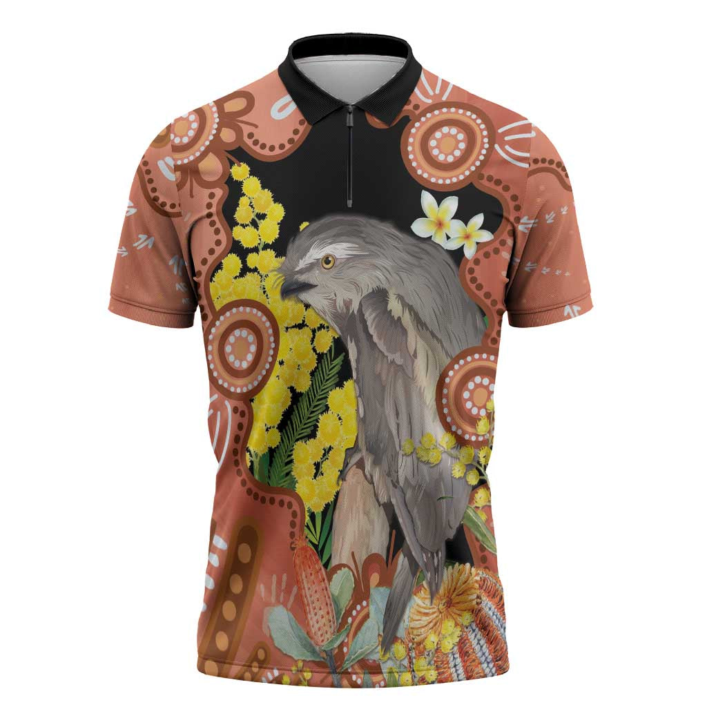 Australia Tawny Frogmouth Zipper Polo Shirt Golden Wattle Banksia Aboriginal Art - Aussie Hoodie