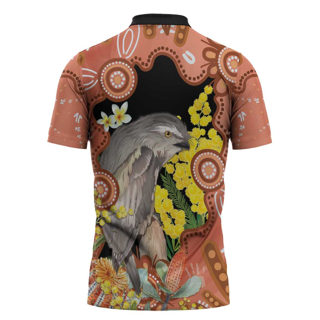 Australia Tawny Frogmouth Zipper Polo Shirt Golden Wattle Banksia Aboriginal Art - Aussie Hoodie