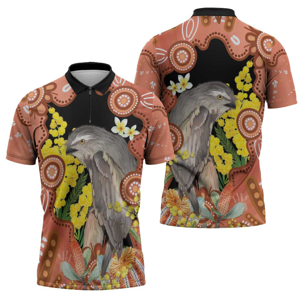 Australia Tawny Frogmouth Zipper Polo Shirt Golden Wattle Banksia Aboriginal Art - Aussie Hoodie