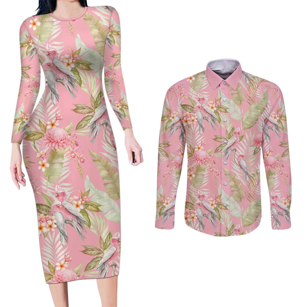 Australia Galah Cockatoo Couples Matching Long Sleeve Bodycon Dress and Long Sleeve Button Shirt Eolophus Soseicapilla Couple Seamless Style - Aussie Hoodie