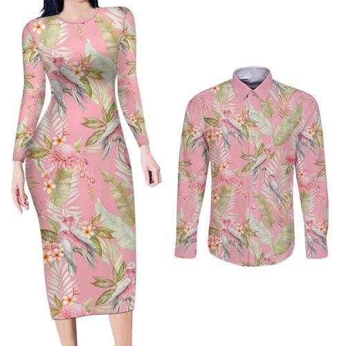 Australia Galah Cockatoo Couples Matching Long Sleeve Bodycon Dress and Long Sleeve Button Shirt Eolophus Soseicapilla Couple Seamless Style - Aussie Hoodie