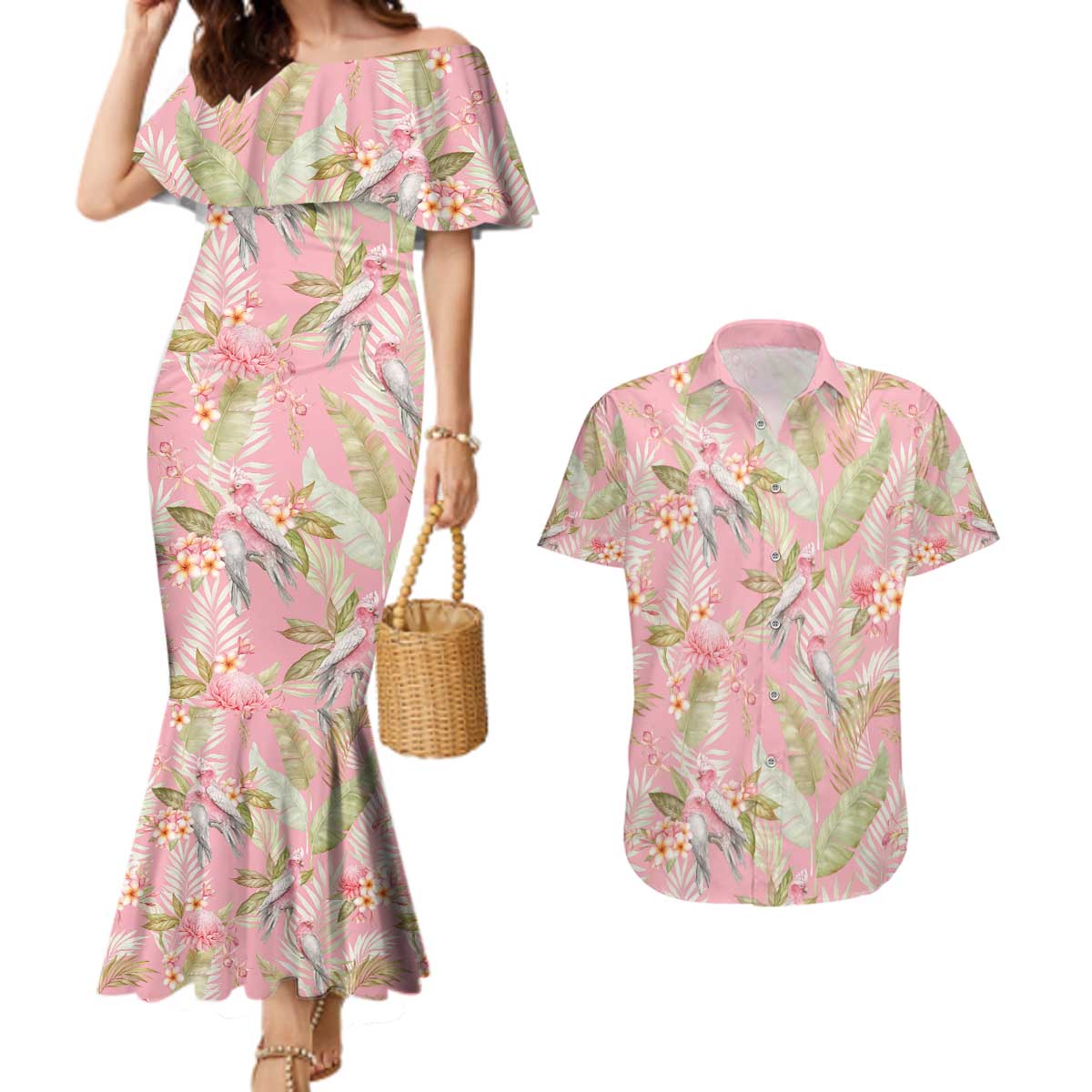 Australia Galah Cockatoo Couples Matching Mermaid Dress and Hawaiian Shirt Eolophus Soseicapilla Couple Seamless Style - Aussie Hoodie