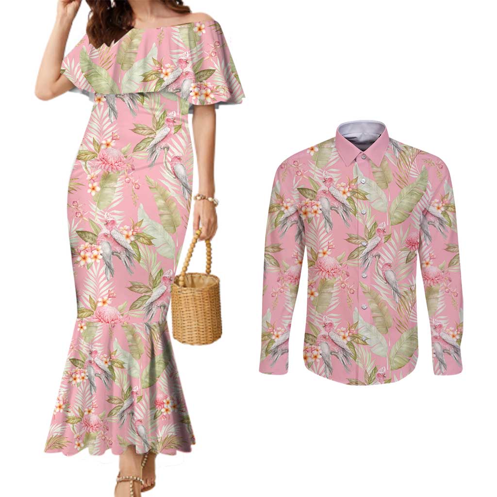 Australia Galah Cockatoo Couples Matching Mermaid Dress and Long Sleeve Button Shirt Eolophus Soseicapilla Couple Seamless Style - Aussie Hoodie