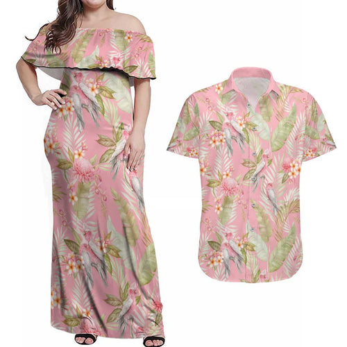 Australia Galah Cockatoo Couples Matching Off Shoulder Maxi Dress and Hawaiian Shirt Eolophus Soseicapilla Couple Seamless Style - Aussie Hoodie