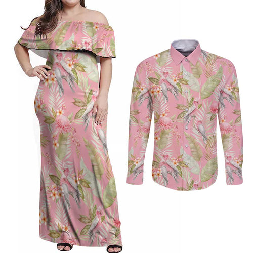 Australia Galah Cockatoo Couples Matching Off Shoulder Maxi Dress and Long Sleeve Button Shirt Eolophus Soseicapilla Couple Seamless Style - Aussie Hoodie