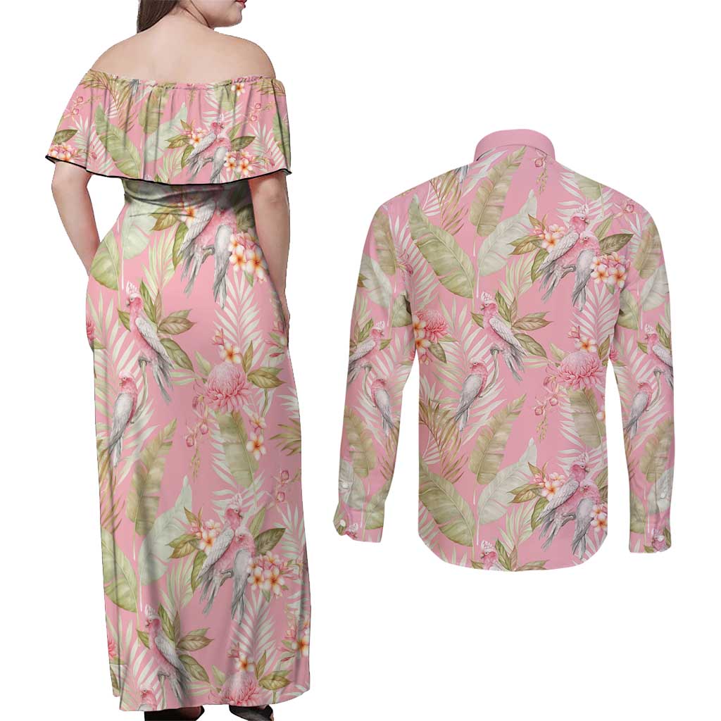 Australia Galah Cockatoo Couples Matching Off Shoulder Maxi Dress and Long Sleeve Button Shirt Eolophus Soseicapilla Couple Seamless Style - Aussie Hoodie