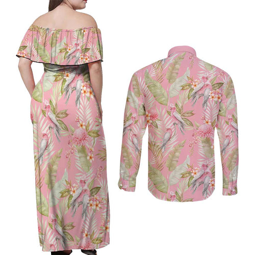 Australia Galah Cockatoo Couples Matching Off Shoulder Maxi Dress and Long Sleeve Button Shirt Eolophus Soseicapilla Couple Seamless Style - Aussie Hoodie