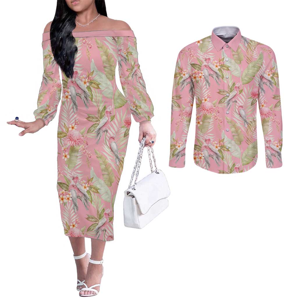 Australia Galah Cockatoo Couples Matching Off The Shoulder Long Sleeve Dress and Long Sleeve Button Shirt Eolophus Soseicapilla Couple Seamless Style - Aussie Hoodie