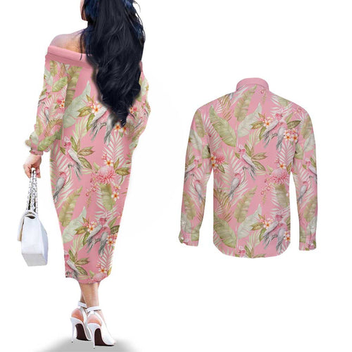 Australia Galah Cockatoo Couples Matching Off The Shoulder Long Sleeve Dress and Long Sleeve Button Shirt Eolophus Soseicapilla Couple Seamless Style - Aussie Hoodie