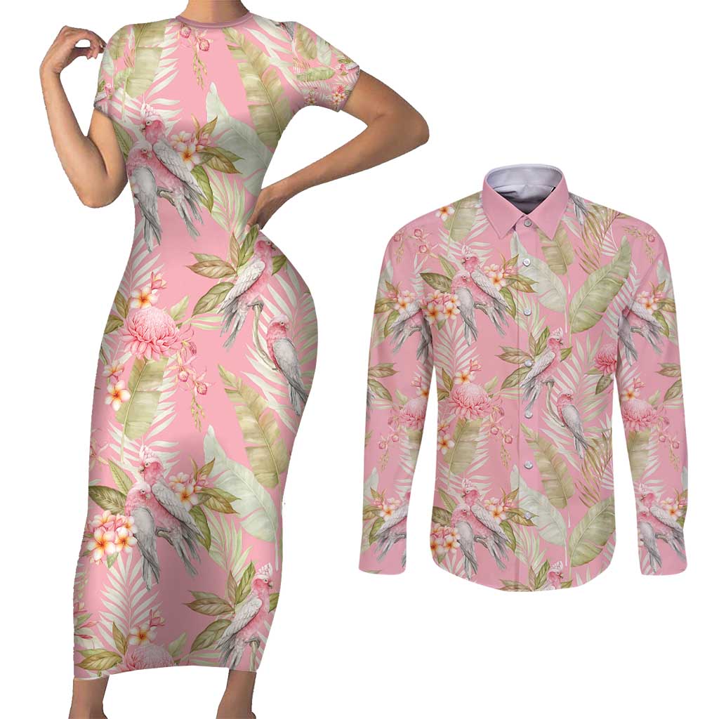 Australia Galah Cockatoo Couples Matching Short Sleeve Bodycon Dress and Long Sleeve Button Shirt Eolophus Soseicapilla Couple Seamless Style - Aussie Hoodie
