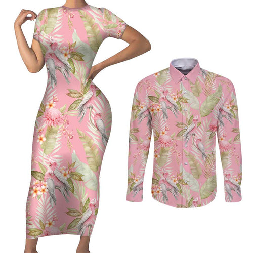 Australia Galah Cockatoo Couples Matching Short Sleeve Bodycon Dress and Long Sleeve Button Shirt Eolophus Soseicapilla Couple Seamless Style - Aussie Hoodie