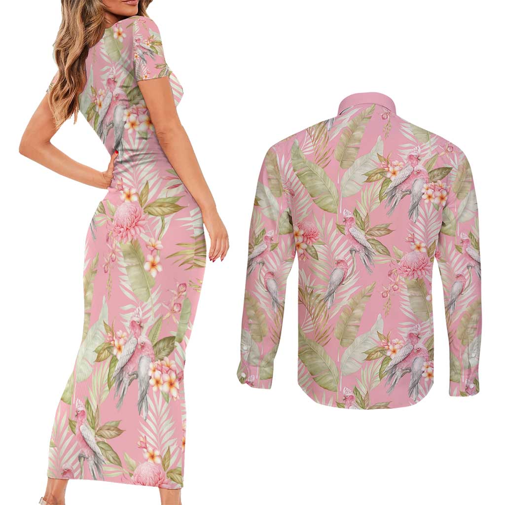 Australia Galah Cockatoo Couples Matching Short Sleeve Bodycon Dress and Long Sleeve Button Shirt Eolophus Soseicapilla Couple Seamless Style - Aussie Hoodie