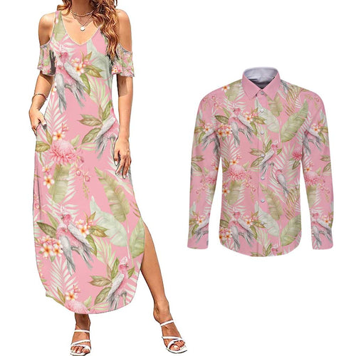 Australia Galah Cockatoo Couples Matching Summer Maxi Dress and Long Sleeve Button Shirt Eolophus Soseicapilla Couple Seamless Style - Aussie Hoodie