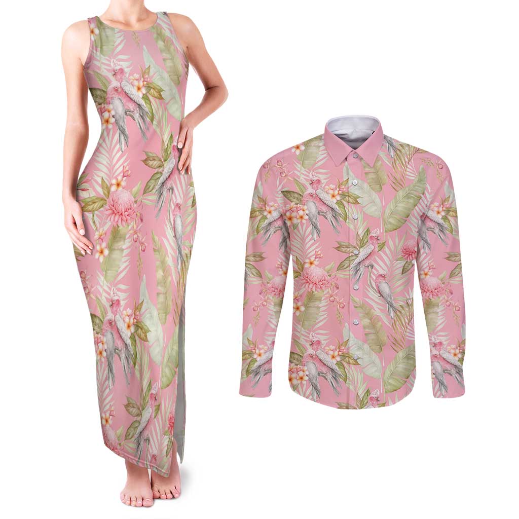 Australia Galah Cockatoo Couples Matching Tank Maxi Dress and Long Sleeve Button Shirt Eolophus Soseicapilla Couple Seamless Style - Aussie Hoodie