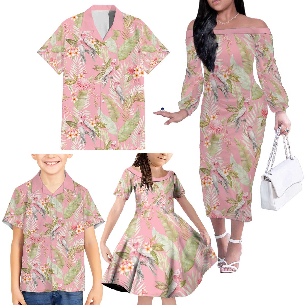 Australia Galah Cockatoo Family Matching Off The Shoulder Long Sleeve Dress and Hawaiian Shirt Eolophus Soseicapilla Couple Seamless Style - Aussie Hoodie