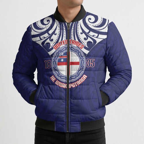 New Zealand United Tribes Te Kara Bomber Puffer Jacket He Whakaputanga Maori Pattern