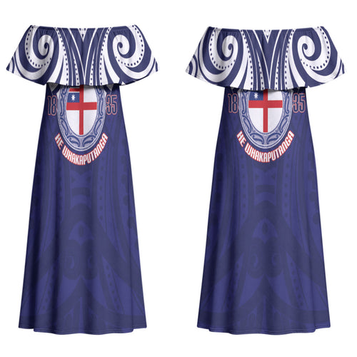 New Zealand United Tribes Te Kara Couples Matching Off Shoulder Maxi Dress and Long Sleeve Button Shirt He Whakaputanga Maori Pattern