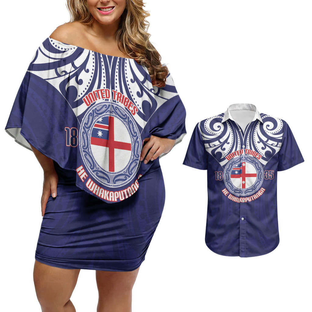 New Zealand United Tribes Te Kara Couples Matching Off Shoulder Short Dress and Hawaiian Shirt He Whakaputanga Maori Pattern