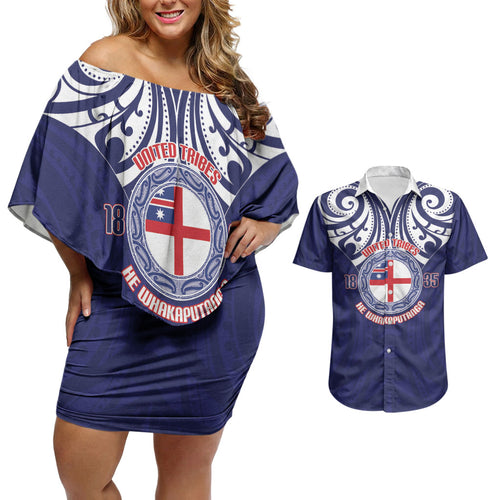 New Zealand United Tribes Te Kara Couples Matching Off Shoulder Short Dress and Hawaiian Shirt He Whakaputanga Maori Pattern