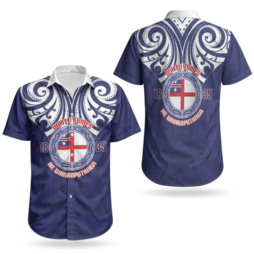 New Zealand United Tribes Te Kara Couples Matching Off Shoulder Short Dress and Hawaiian Shirt He Whakaputanga Maori Pattern