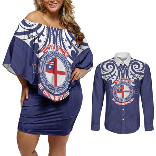 New Zealand United Tribes Te Kara Couples Matching Off Shoulder Short Dress and Long Sleeve Button Shirt He Whakaputanga Maori Pattern