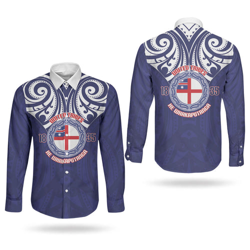 New Zealand United Tribes Te Kara Couples Matching Off Shoulder Short Dress and Long Sleeve Button Shirt He Whakaputanga Maori Pattern