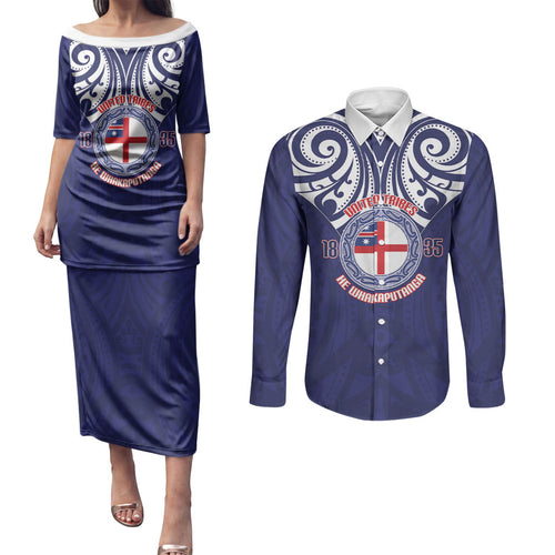 New Zealand United Tribes Te Kara Couples Matching Puletasi and Long Sleeve Button Shirt He Whakaputanga Maori Pattern