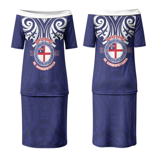 New Zealand United Tribes Te Kara Couples Matching Puletasi and Long Sleeve Button Shirt He Whakaputanga Maori Pattern
