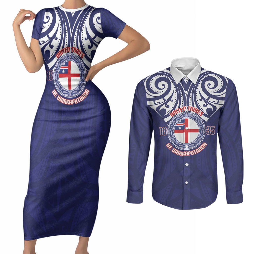 New Zealand United Tribes Te Kara Couples Matching Short Sleeve Bodycon Dress and Long Sleeve Button Shirt He Whakaputanga Maori Pattern