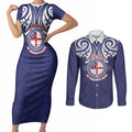 New Zealand United Tribes Te Kara Couples Matching Short Sleeve Bodycon Dress and Long Sleeve Button Shirt He Whakaputanga Maori Pattern