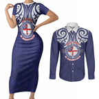 New Zealand United Tribes Te Kara Couples Matching Short Sleeve Bodycon Dress and Long Sleeve Button Shirt He Whakaputanga Maori Pattern