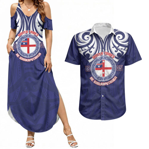 New Zealand United Tribes Te Kara Couples Matching Summer Maxi Dress and Hawaiian Shirt He Whakaputanga Maori Pattern