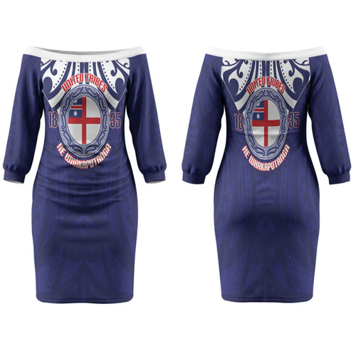 New Zealand United Tribes Te Kara Family Matching Off The Shoulder Long Sleeve Dress and Hawaiian Shirt He Whakaputanga Maori Pattern